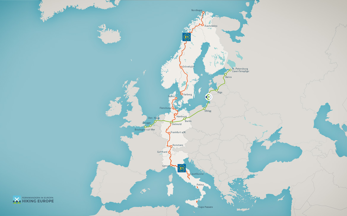 Karte des Europäischen Fernwanderwegs E1 und des Europaradwegs 1