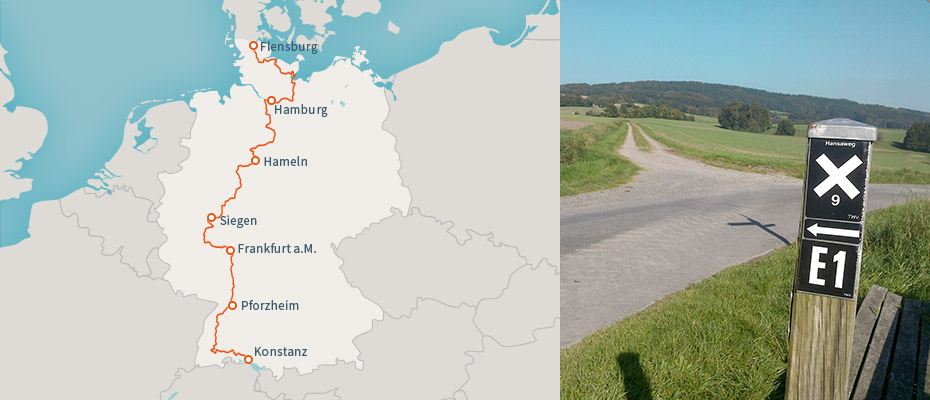 Karte mit Streckenverlauf des Europawanderweg 1 in Deutschland